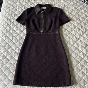 St. John Short Sleeve Mini Dress in Plum with Dark Brown Leather Trim
